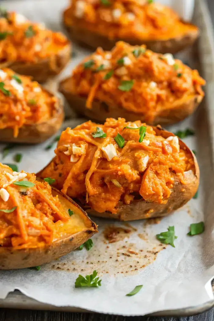 Buffalo Chicken Twice Baked Sweet Potatoes